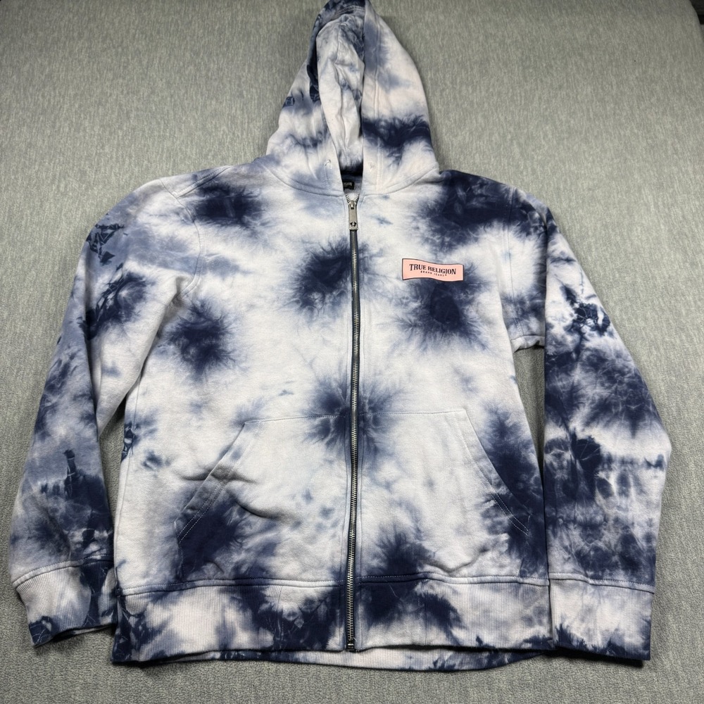 True Religion Hoodie Adult Large White Blue Tie‎ Dye Zip Up Fleece Buddha Logo